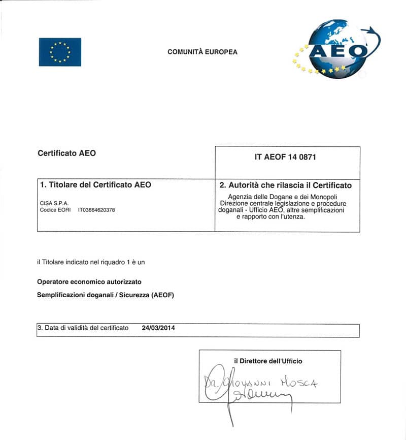 Certificato AEO (Operatore Economico Autorizzato)
